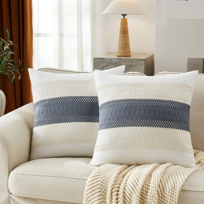 2pk Boho Pillow Covers 24x24, Natural White/Contrast/Navy | 100% Organic Cotton Body, Stripe Embroidery, Farmhouse Decorative Cushion Covers for Sofa Bed Living Room Home Decor