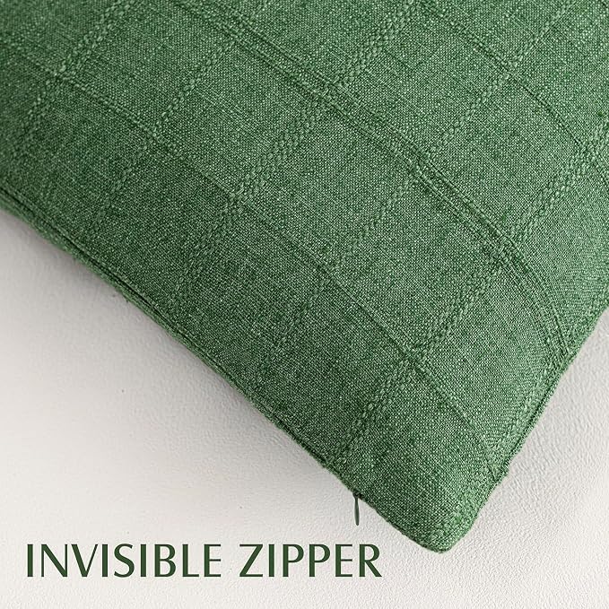 Foindtower Set of 2 Decorative Linen Check Throw Pillow Covers Neutral Farmhouse Vintage Cushion Covers Modern Boho Accent Home Decor for Sofa Chair Couch Bedroom Living Room,18×18 Inch,Forest Green