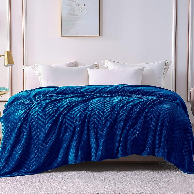 Whale Flotilla Flannel Fleece Fall Bed Blanket Twin Size, Royal Blue | Lightweight Breathable Soft Bedspread, Plush Fluffy Coverlet Chevron Design Decorative Blanket for Home Life, 90x66 Inch