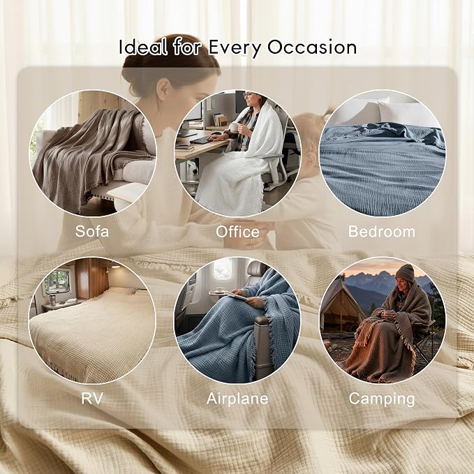WDCOZY Muslin Throw Blanket 100% Cotton Blankets 4-Layer Breathable Lightweight Soft for Couch Boho Farmhouse Linen Tassels Ruffle Gauze Blankets All Season for Adults 50x60 Inches White