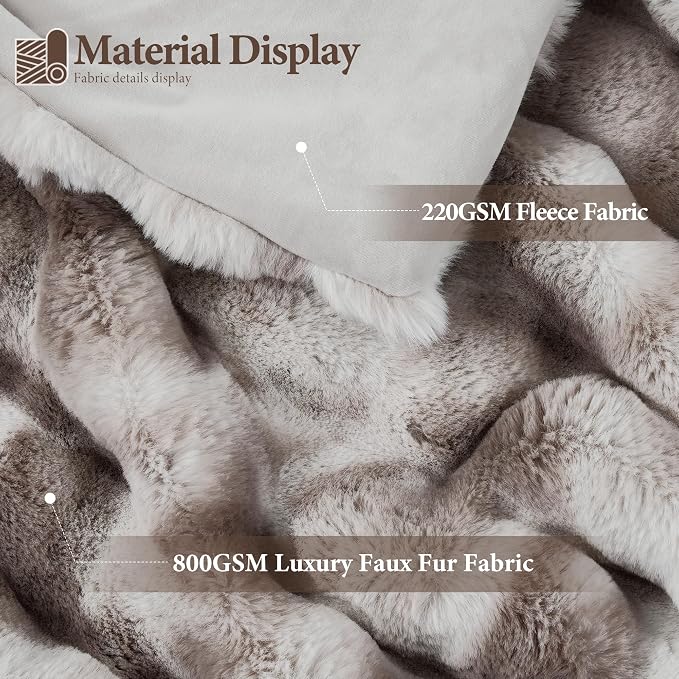 Luxury 1000GSM Faux Rabbit Fur Throw Blanket, Super Heavy Warm Cozy Grey Blankets for Couch Bed Sofa, Ruched Plush Fuzzy Elegant Soft Reversible Mink Blanket for Living Room Bedroom