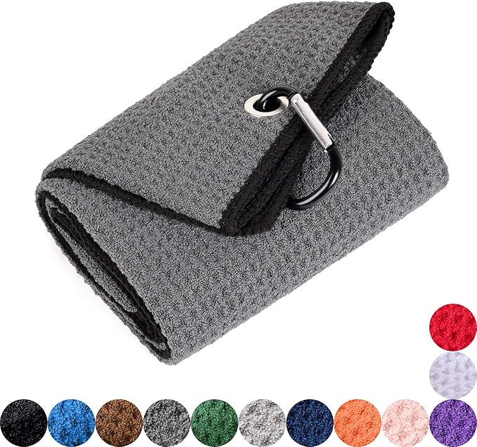 Mile High Life Microfiber Waffle Pattern Golf Towel | Club Groove Cleaner Brush | Foldable Divot Tool with Magnetic Ball Marker (Dark Gray Towel/Brush/Bone Divot)