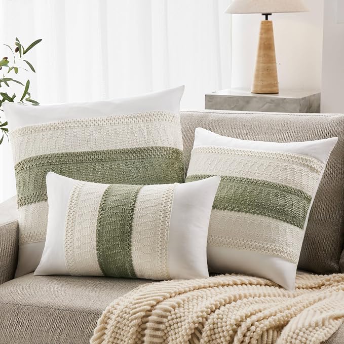 2pk Boho Pillow Covers 20x20, Natural White/Contrast/Green | 100% Organic Cotton Body, Stripe Embroidery, Farmhouse Decorative Cushion Covers for Sofa Bed Living Room Home Decor