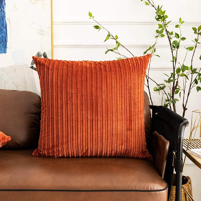 UGASA Fall Decor Super Soft Striped Corduroy Pillow Covers Large Throw Pillow Sham Cushion Cover Living Room, 1 Pc, 24" x 24" (Pack of 1) (61cm), Burnt Brick