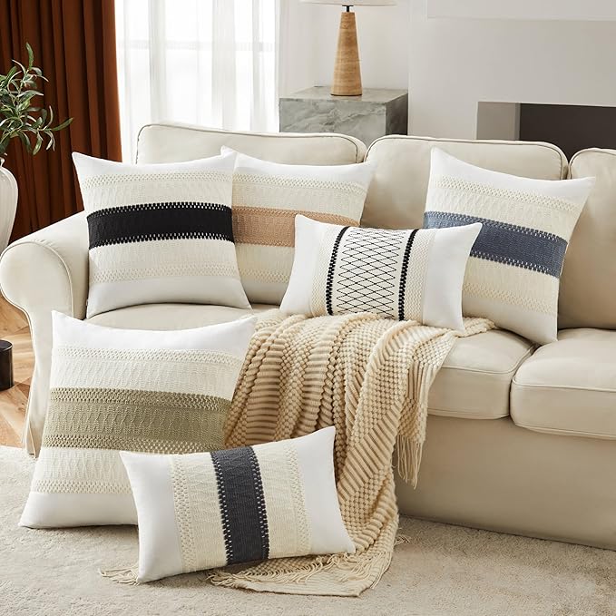 2pk Boho Pillow Covers 16x16, Natural White/Contrast/Black | 100% Organic Cotton Body, Stripe Embroidery, Farmhouse Decorative Cushion Covers for Sofa Bed Living Room Home Decor