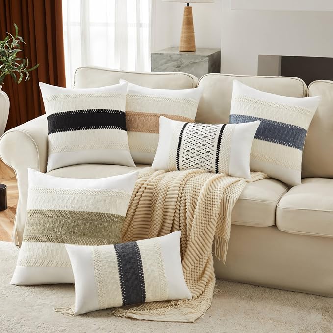 2pk Boho Pillow Covers 12x20, Natural White/Contrast/Beige | 100% Organic Cotton Body, Stripe Embroidery, Farmhouse Decorative Cushion Covers for Sofa Bed Living Room Home Decor