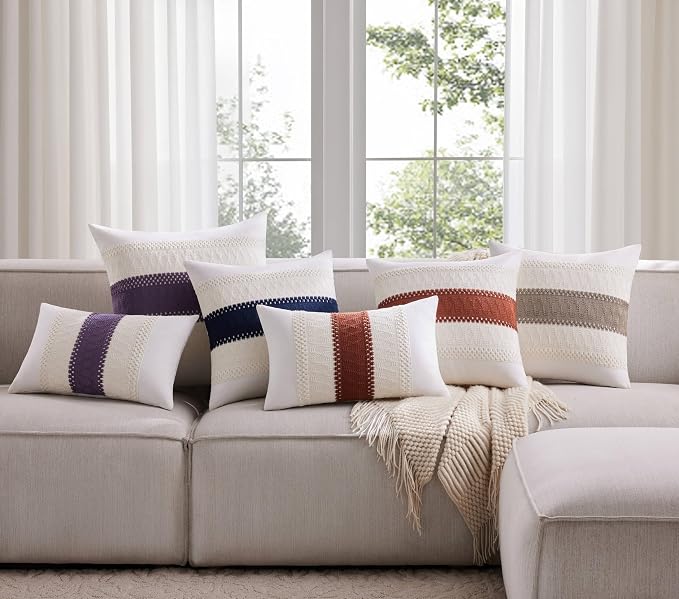 2pk Boho Pillow Covers 22x22, Natural White/Contrast/Terracota | 100% Organic Cotton Body, Stripe Embroidery, Farmhouse Decorative Cushion Covers for Sofa Bed Living Room Home Decor