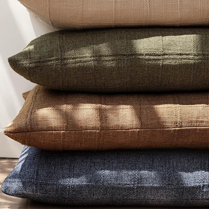 Foindtower Set of 2 Decorative Linen Check Throw Pillow Covers Neutral Farmhouse Vintage Cushion Covers Modern Boho Home Decor for Sofa Chair Couch Bedroom Living Room,18×18 Inch,Navy Blue