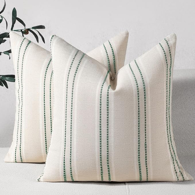 Hckot Spring Throw Pillow Covers 16x16 Set of 2 Green Pillow Covers | Farmhouse Decorative Pillows Textured Linen Square Cushion Covers for Sofa Couch Bed Living Room Decor(Dark Green)
