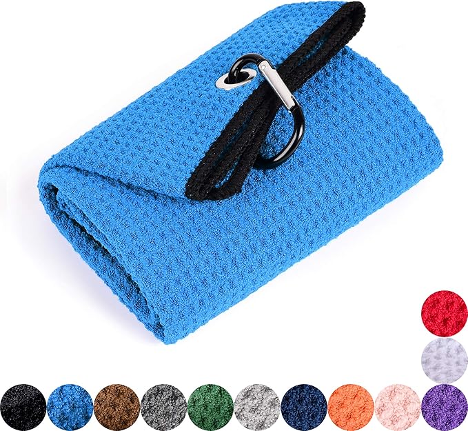 Mile High Life Microfiber Waffle Pattern Golf Towel | Club Groove Cleaner Brush | Foldable Divot Tool with Magnetic Ball Marker (Blue Towel/Brush/Fish Divot)