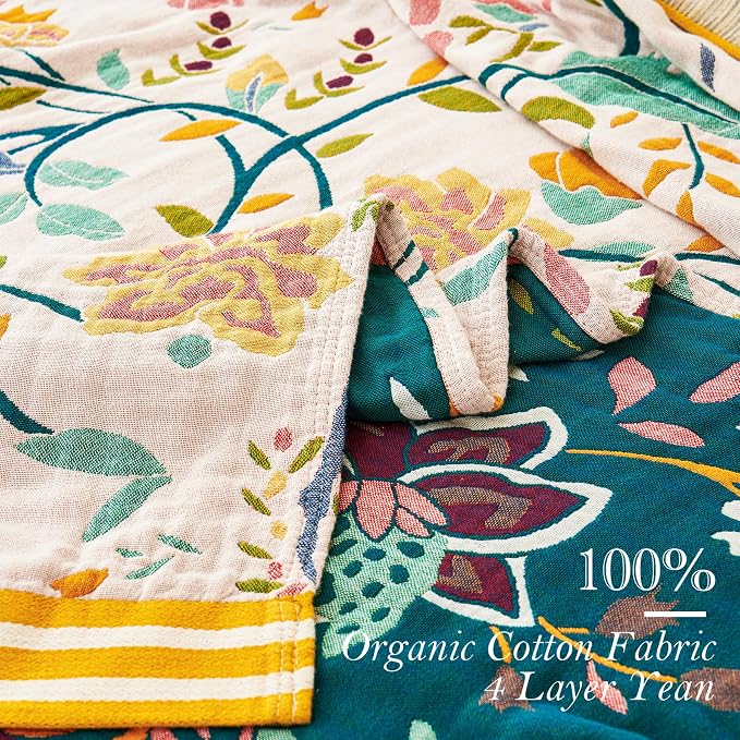 VANJOROY Boho Throw Blanket for Bed, 100% Organic Cotton Breathable Ultra Soft 60" x 80" Quilt Throw - All Season Floral Rustic Farmhouse Decor Luxury Reversible Blanket for Sofa Couch Chair and Gift