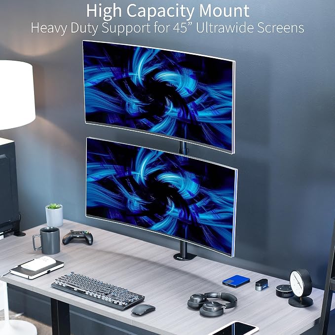 VIVO Dual Vertically Stacked Ultra-Wide Monitor Desk Mount, Extra Tall Heavy Duty Adjustable Stand for 2 Ultrawide Screens up to 45 inches, 25 lbs Per Screen Capacity, Black, STAND-V200R