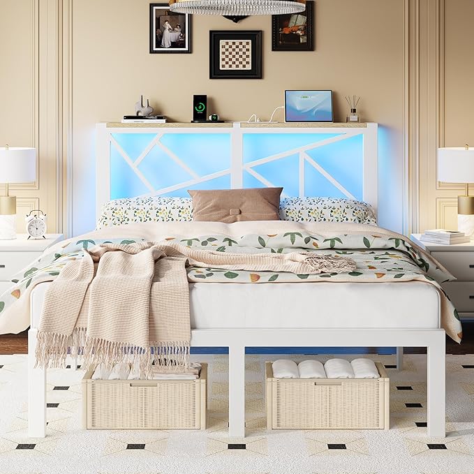 Full White Metal Bed Frame with USB Charging Station, LED Ambient Lighting, and Wooden Storage Headboard - Includes Under-Bed Storage, No Box Spring Needed, Noise Free, Easy to Assemble