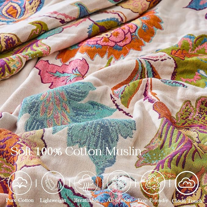 XIBLC Boho Throw Blanket 100% Cotton Vintage Blanket Muslin Woven Flower Decorative Throw Blankets All Season Bohemian Rustic Farmhouse Decor Quilt for Bed (Beige 60"x80")