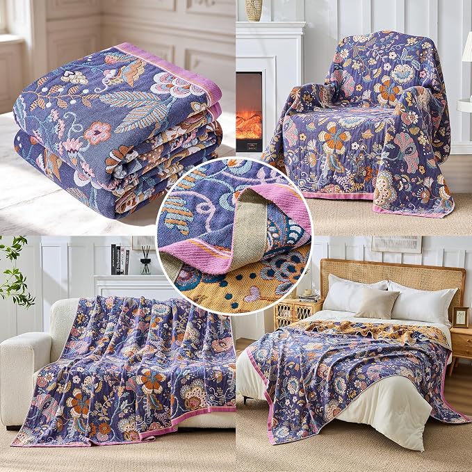Boho Throw Blanket Farmhouse Decor Throw Blanket Bohemian Blanket for Bed 100% Cotton Muslin Woven Couch Blanket All Seasons Quilt Bedroom (H-Purple, 50"x60")