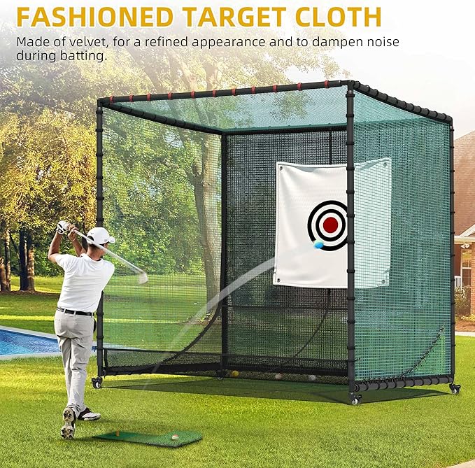 Golf Cage with Steel Freame, 7x7x7ft Golf Net with Rubber Hose, Noise Reduction for Backyard Indoor Outdoor Lawn Practice(Includes 1 Hitting Mat 6 PU Balls 1 Tee)