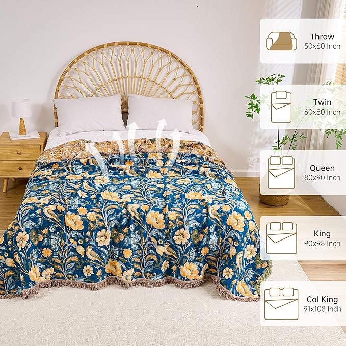 VANJOROY Boho Throw Blanket, 100% Organic Cotton Breathable Ultra Soft 50" x 60" Bed Quilt Blue Throw - All Season Bird Floral Rustic Farmhouse Decor Reversible Blanket for Couch Chair and Gift