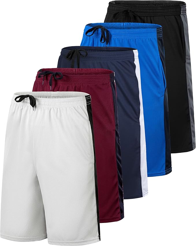 5 Pack Men's Mesh Shorts Athletic Basketball Sports Gym Workout Pockets | Cooling Moisture-Wicking, 9", Long, Quick-Dry, Breathable, Elastic Drawstring Waistband. Running, Exercise, Soccer, Training.