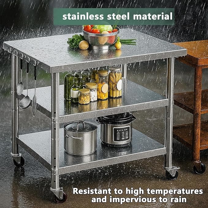 Stainless Steel Table with Wheels for Food Preparation and Work, Multi-Size Optional, Three-Layer Variable Two-Layer Metal Commercial Workbench Outdoor (28" Lx24 Wx34 H)