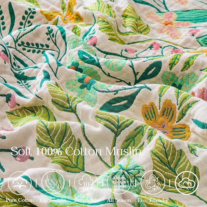 XIBLC Boho Throw Blanket 100% Cotton Vintage Blanket Muslin Woven Flower Decorative Throw Blankets All Season Bohemian Rustic Farmhouse Decor Quilt for Bed (Beige 80"x90")