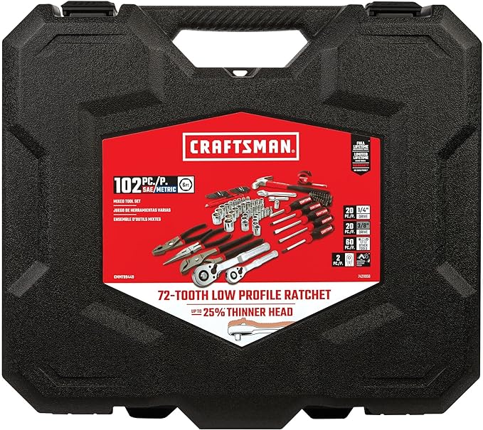 CRAFTSMAN 102-Piece Tool Kit for Home and Car, Durable Hand Tools Set with SAE and Metric Socket Set, Screwdrivers, Wrench, Hammer, Pliers, Knife, Hex Keys, Specialty Bits, Tape Measure (CMMT99449)