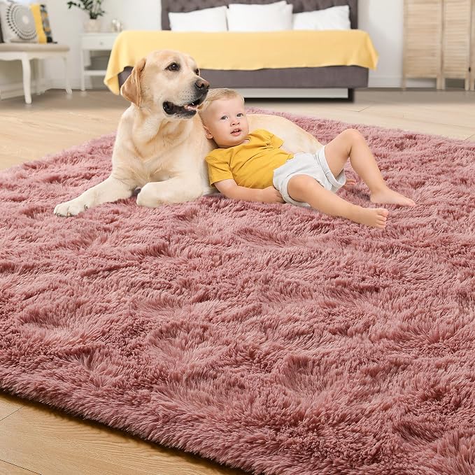 Tepook Blush Pink Area Rugs for Living Room Girls Bedroom, 8x10 Fluffy Shaggy Dusty Pink Rug for Kids Room Playroom, Plush Shag Non-Slip Carpet for Nursery Dorm Classroom, Cute Rose Beige Rug