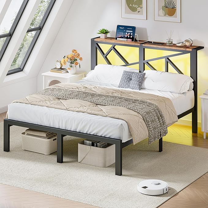Queen Size Black Metal Bed Frame with USB Charging Station, LED Ambient Lighting, and Wooden Storage Headboard - Includes Under-Bed Storage, No Box Spring Needed, Noise Free, Easy Assembly