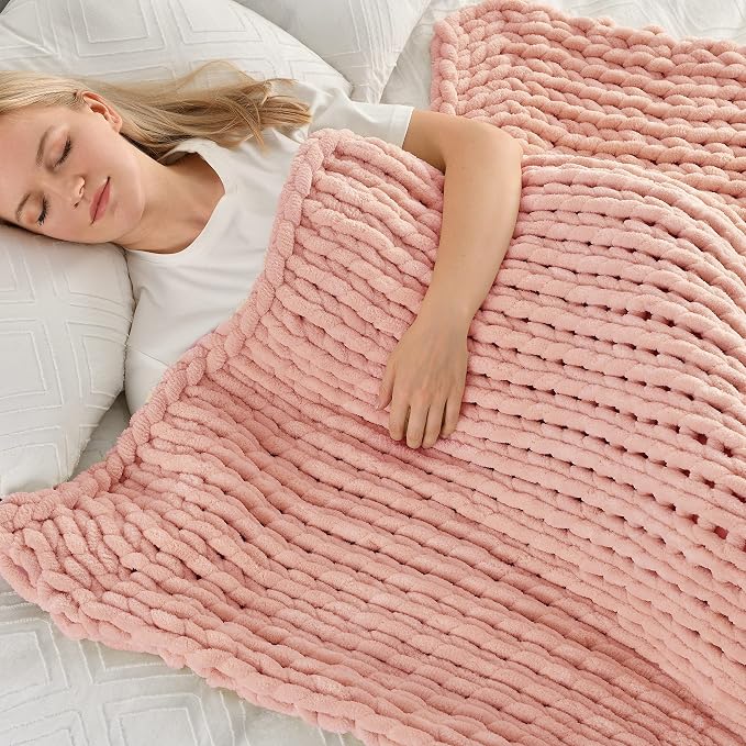 Maetoow Chenille Chunky Knit Blanket,Handmade Cozy for Home Decor,60×80 Rose Pink