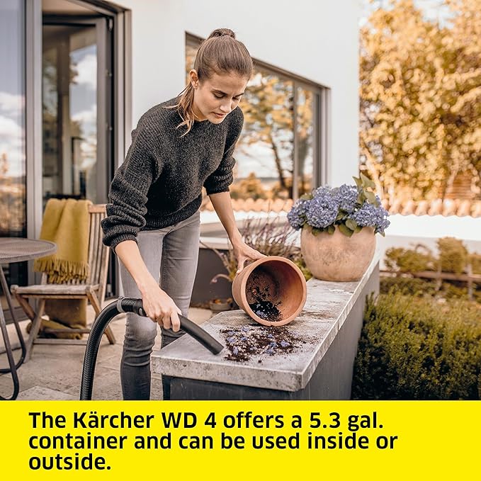 Kärcher Shop Vacuum WD 4, 5.3 Gal, 3.8 Peak HP, 33 ft Reach, Wet Dry Vacuum Cleaner, Heavy Duty, Blower Function, Crevice Tool, Floor Nozzle, Great for DIY Projects and Workshops