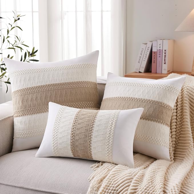2pk Boho Pillow Covers 18x18, Natural White/Contrast/Taupe | 100% Organic Cotton Body, Stripe Embroidery, Farmhouse Decorative Cushion Covers for Sofa Bed Living Room Home Decor