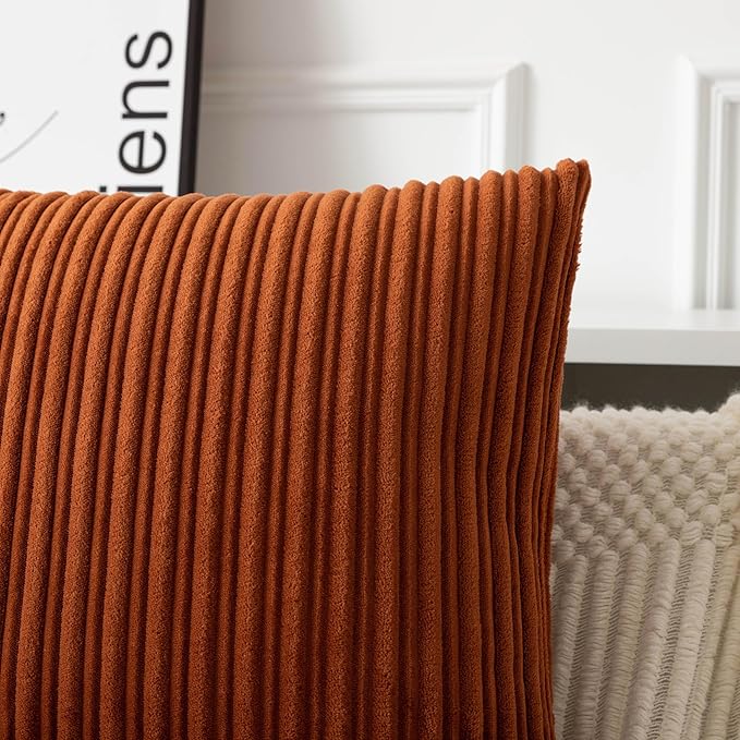 UGASA Fall Velvet 24x24 Inch Soft Throw Pillow Covers Decorative Corduroy Striped Both Sides Solid Square Cushion Cases Boho Farmhouse for Couch Bedroom Sofa Home, Pack of 2, Burnt Orange