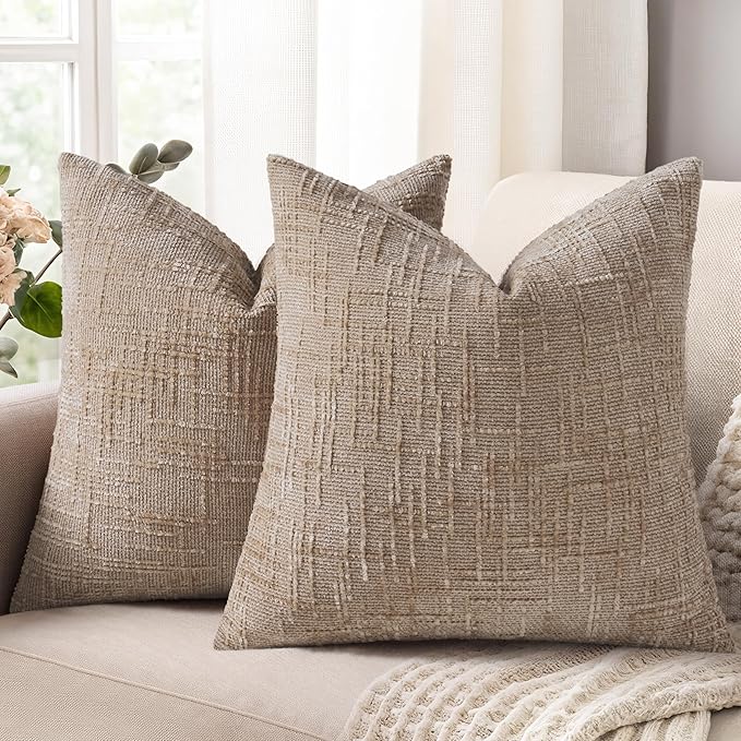 decorUhome Textured Chenille Throw Pillow Covers 22x22 Set of 2 Oatmeal | Fall Modern Farmhouse Soft Cozy Slubby Couch Pillow Cases Boho Decorative Pillow Cases for Bed Sofa Living Room Home Decor