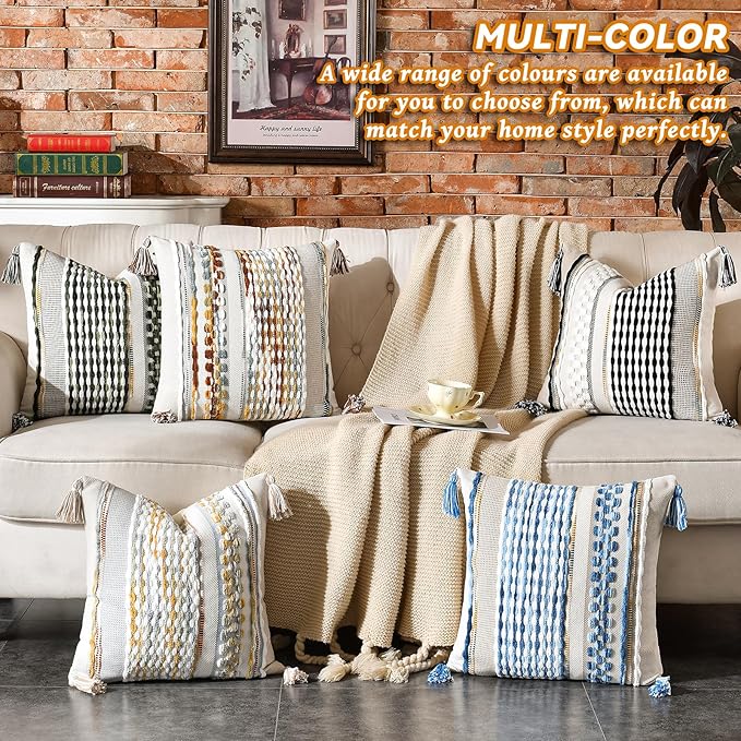 Set of 2 Chenille Striped Textured Boho Throw Pillow Covers Aesthetic with Tassels Woven Decorative Pillow Case for Couch Bed Sofa Bedroom Modern Funky 18 x 18-Inch Brown