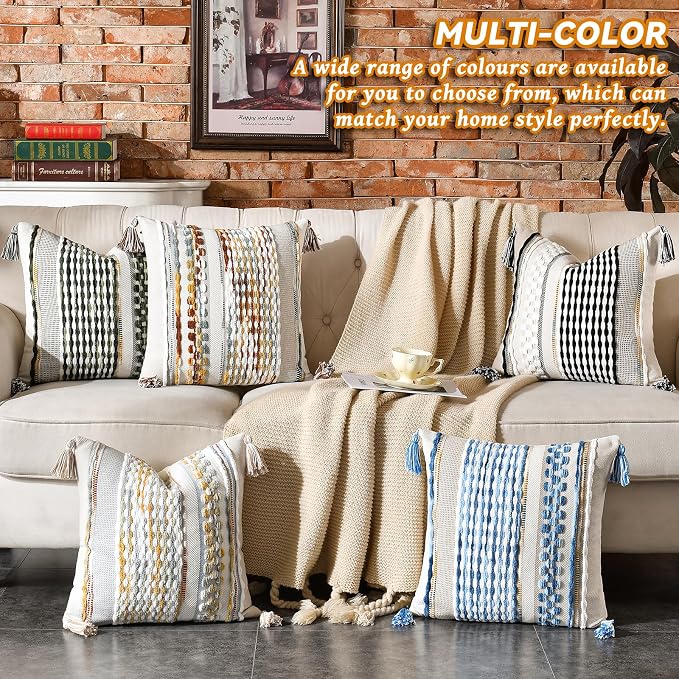Chenille Striped Textured Boho Throw Pillow Covers Aesthetic with Tassels Woven Decorative Pillow Case for Couch Bed Sofa Bedroom Modern Funky 18 x 18-Inch Brown