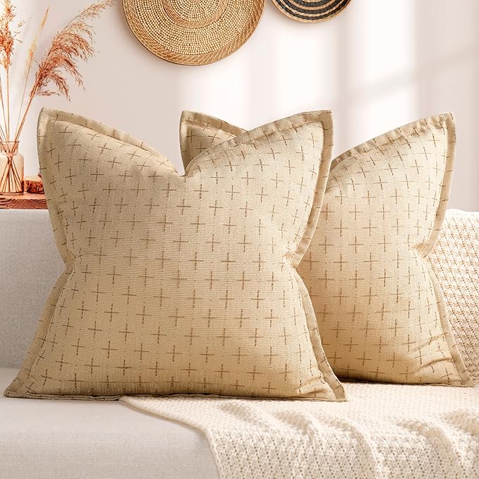 Pillow Covers 18x18 Set of 2 Soft Polyester Textured Pillow Covers with Stylish Flange Edge Cozy Farmhouse Throw Pillows for Couch Bed Sofa Living Room