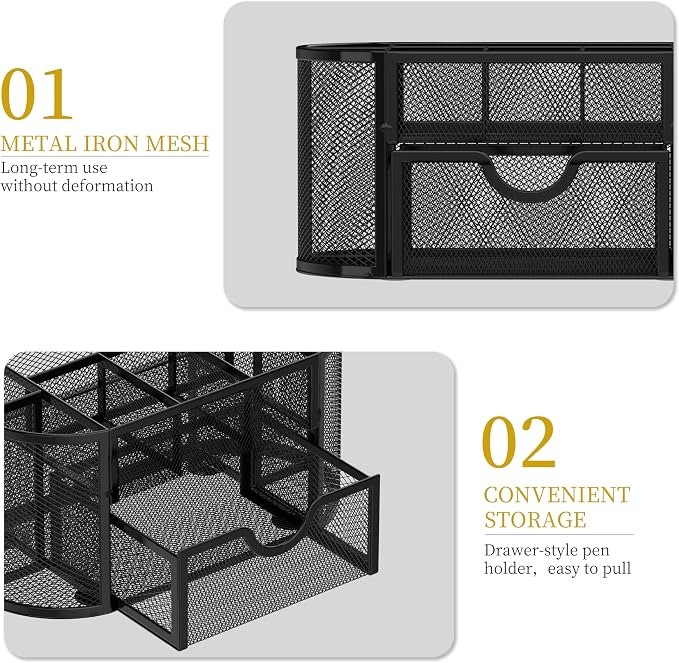 Mesh Desk Organizer with Drawer, 9-Compartment Pen Holder for Desk, Black | Pull-Out Drawer Stores Pens, Pencils, Clips, Notes, and Small Office or School Supplies in One Compact Desk Caddy
