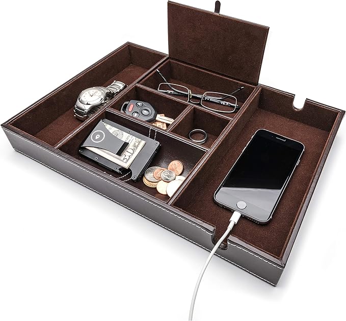 ULTRAY Nightstand Organizer, Valet Tray for Men and Women, EDC Tray, Dresser Top Catchall, Dark Brown Faux Leather, 6 Compartments