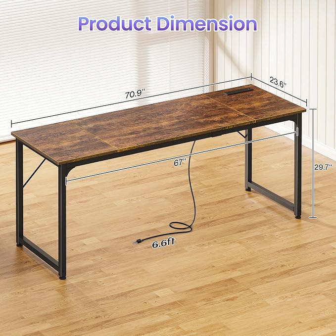 PRAISUN 70 X 24 Inch Computer Desk, Power Outlets, USB-C, Rustic Brown | Office Desk with 4 AC Outlets, USB & USB-C, Sturdy Metal Frame, Spacious Desktop for Work, Writing, Study & Gaming
