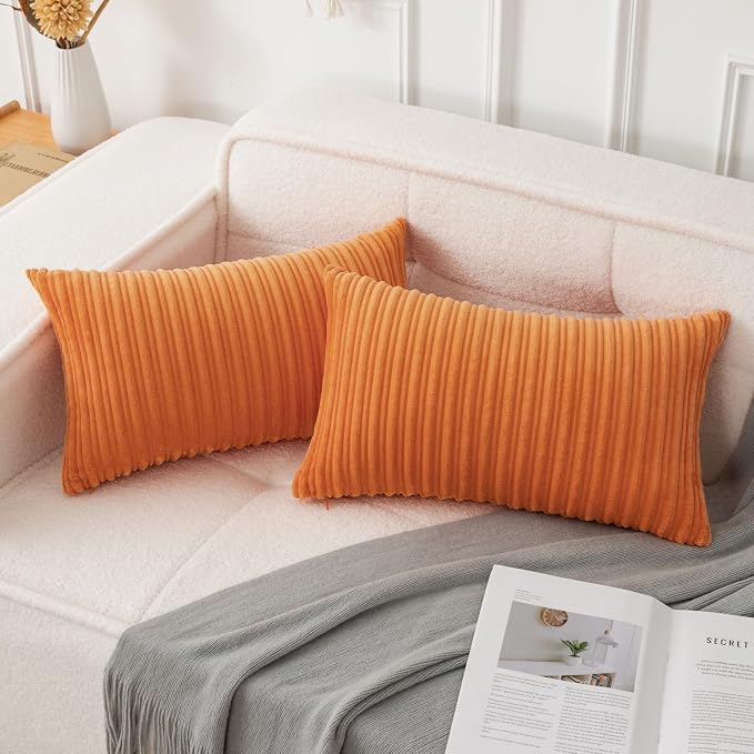 UGASA 14x24 Inch Pillow Cover Pack of 1 Soft Boho Stripe Corduroy Long Rectangle Lumbar Cushion Case Farmhouse Decorative Throw Pilowcase for Bed, Couch, Sofa, Bedroom, Living Room, Orange
