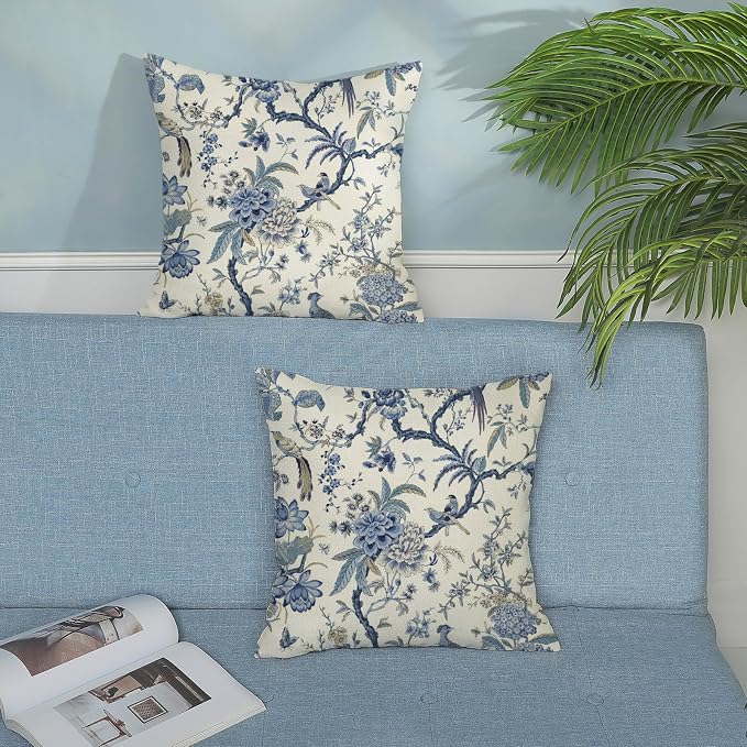 Chinoiserie Floral Bird Pillow Covers 20x20 Set of 2 Blue Chinoiserie Flowers Decorative Pillow Cases Outdoor Blue and Cream Throw Pillows Farmhouse Linen Cushion Case for Couch Home Decor