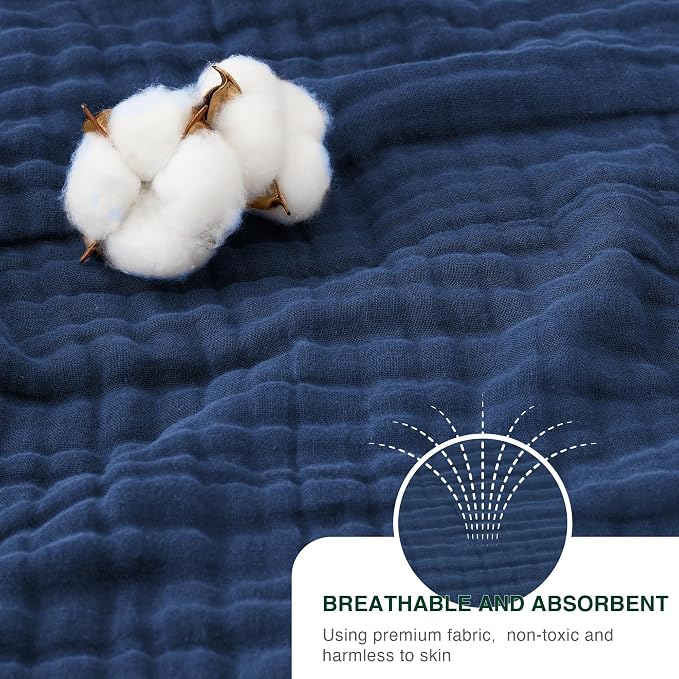 Love's cabin 100% Cotton Muslin Blanket, 6 Layer Lightweight Breathable Gauze Queen Size Blanket 90 x 90 Inches, Soft All Season Blanket for Bed, Dark Blue