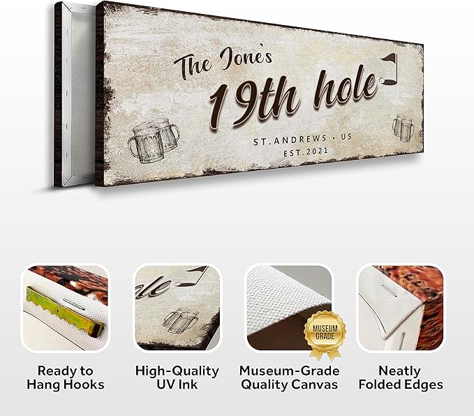 TAILORED CANVASES Golf Art Decor - Personalized Vintage Golf Wall Art Sign for Man Cave, Bedroom, Basement, Home Bar and Custom Gift for Husband, Dad, Wedding & Anniversary - 19th Hole Sign, 36"x12"