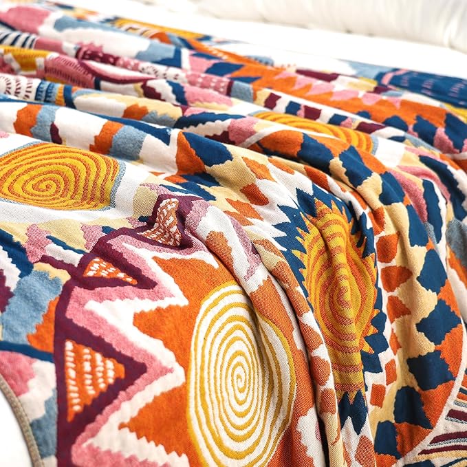 VANJOROY Boho Throw Blanket, 100% Organic Muslin Cotton Skin-friendly Breathable Ultra Soft Bed Quilt Throw - All Season Bohemian Decor Luxury Colorful Blanket for Sofa Couch Chair and Gift. 80" x 90"