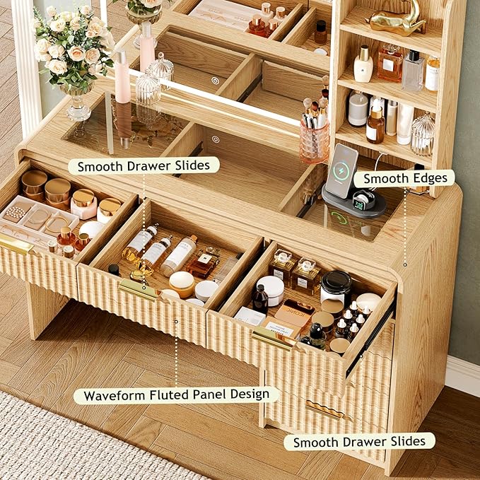 47“Makeup Vanity Desk with Mirror and Lights, Vanity Desk with 7 Drawers & Storage Shelves, Vanity Table with Power Outlet, 3 Color Modes & Adjustable Brightness Dressing Table, Bedroom,Wood