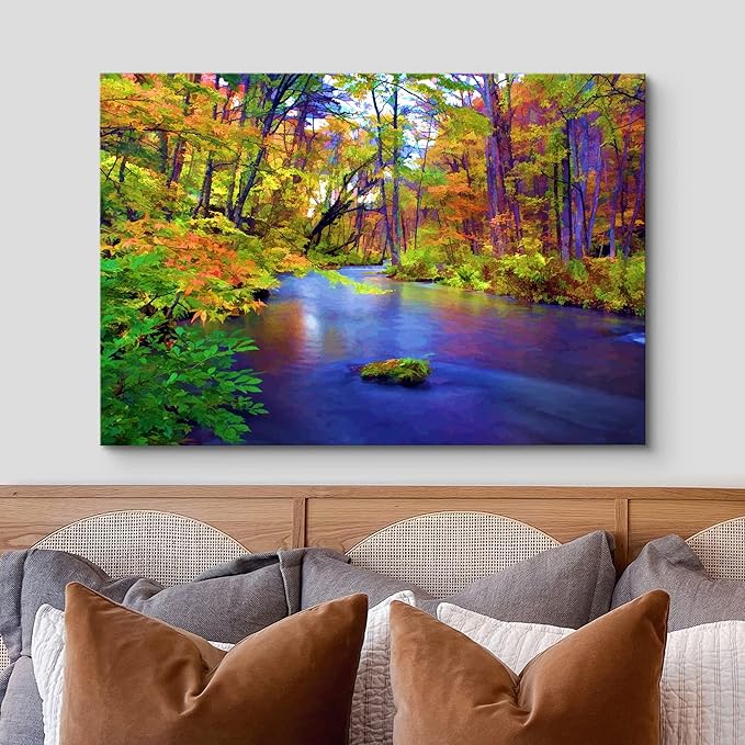 wall26 Canvas Print Wall Art Multicolor Autumn Forest with Blue River Floral Nature Illustrations Realism Bohemian Scenic Relax/Calm Cool for Living Room, Bedroom, Office - 12"x18"