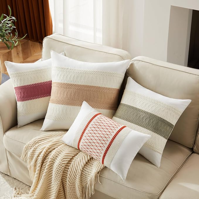2pk Boho Pillow Covers 24x24, Natural White/Contrast/Beige | 100% Organic Cotton Body, Stripe Embroidery, Farmhouse Decorative Cushion Covers for Sofa Bed Living Room Home Decor