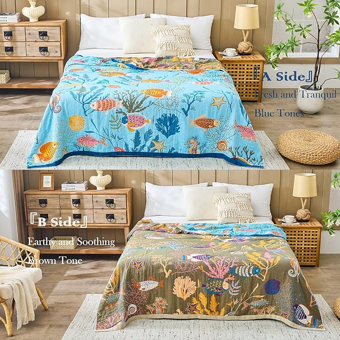 XIBLC Boho Throw Blanket 100% Cotton Vintage Blanket Muslin Woven Flower Decorative Throw Blankets All Season Bohemian Rustic Farmhouse Decor Quilt for Bed (Blue 50"x60")