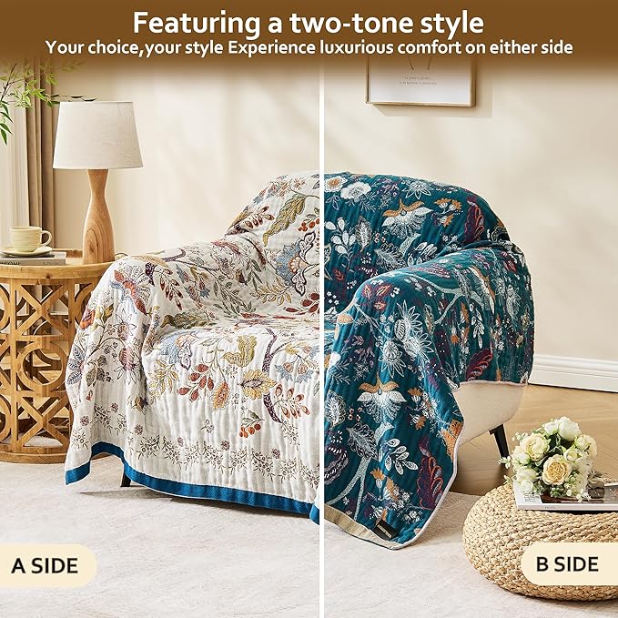 VANJOROY Boho Throw Blanket, 100% Organic Cotton Breathable Ultra Soft 91" x 108" King Bed Quilt Throw - All Season Floral Rustic Farmhouse Decor Luxury Blanket for Sofa Couch Chair and Gift