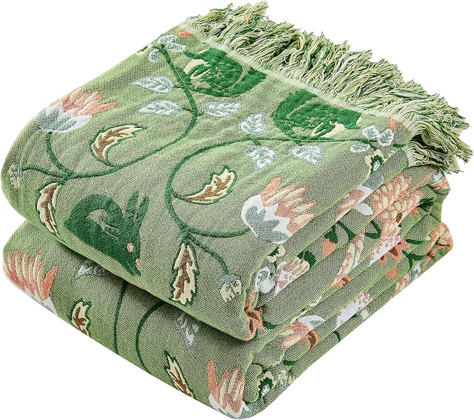 VANJOROY Boho Throw Blanket, 100% Organic Cotton Breathable Skin-Friendly Ultra Soft 60" x 80" Bed Quilt Green Throw - Floral Rustic Decor Luxury Reversible Blanket for Sofa Couch Chair and Gift,