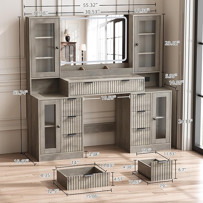 55" Vanity Desk with Mirror & Lights, Fluted Makeup Vanity with 8 Drawers & 4 Cabinets, Tempered Glass Top, RGB Cabinet Lighting, 3-Color Dimmable Mirror, and Charging Station (Gray Wash)